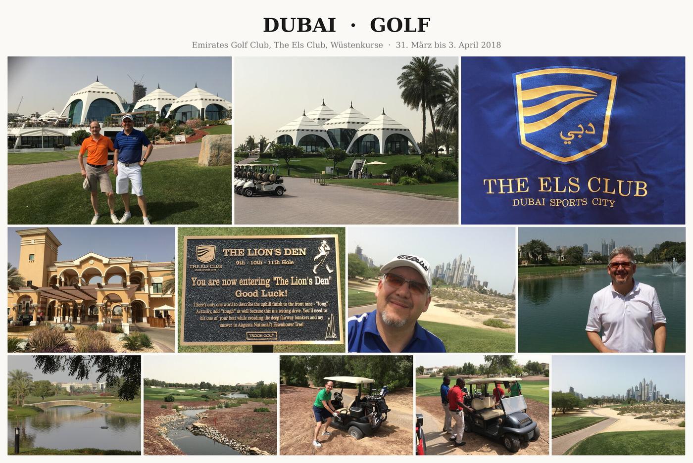 Fotocollage Dubai: Emirates Golf Club, The Els Club und Wuestenkurse